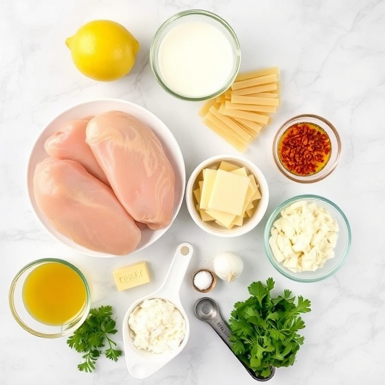 Raw ingredients for creamy lemon chicken pasta bake on a white marble surface