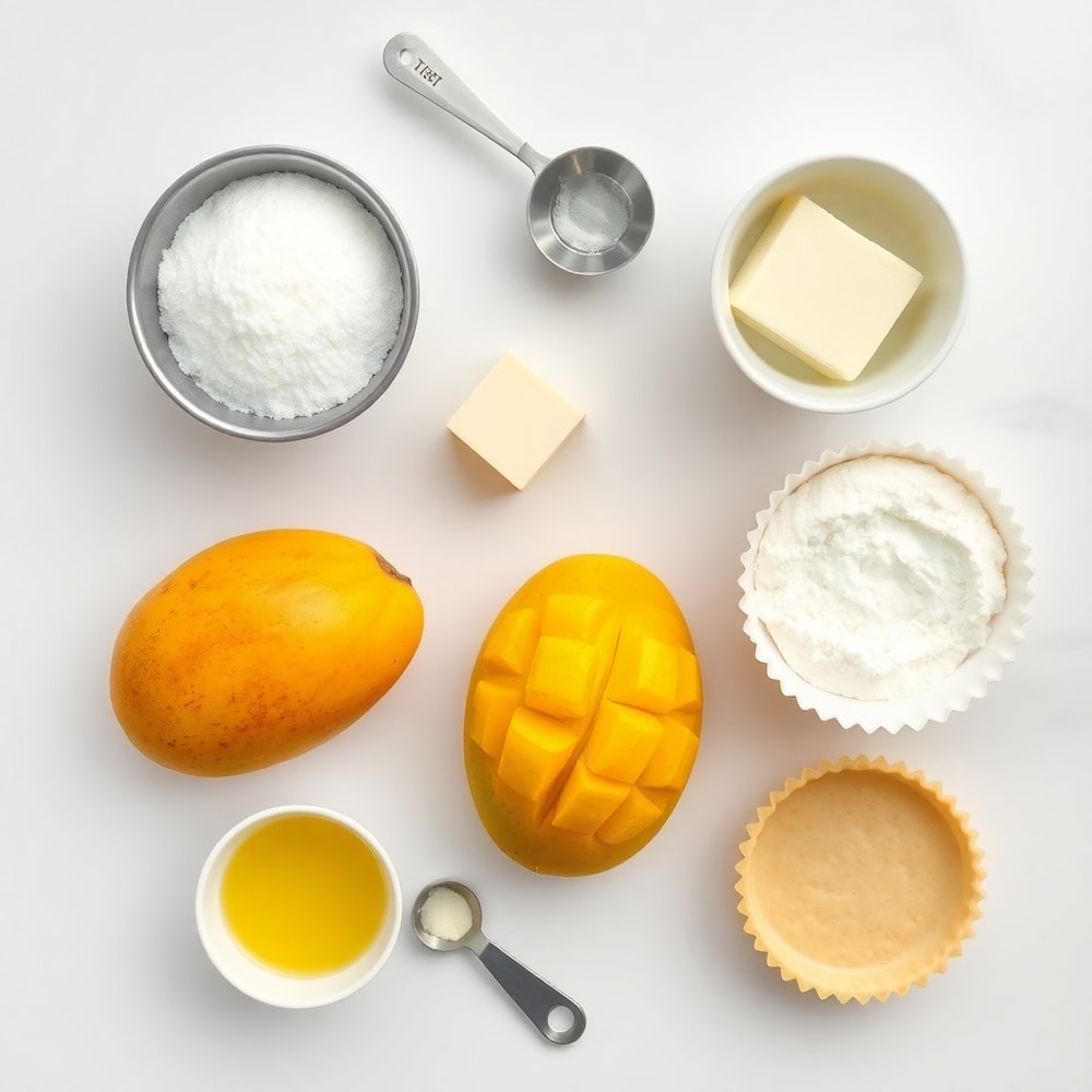 Mango, eggs, sugar, butter, and tart shells on a marble surface
