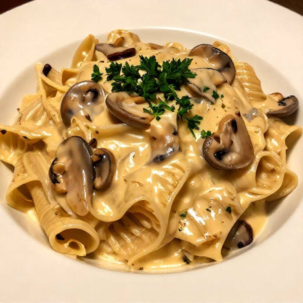 One serving of Creamy Mushroom Alfredo Pasta plated, garnished with fresh parsley, on a white plate.