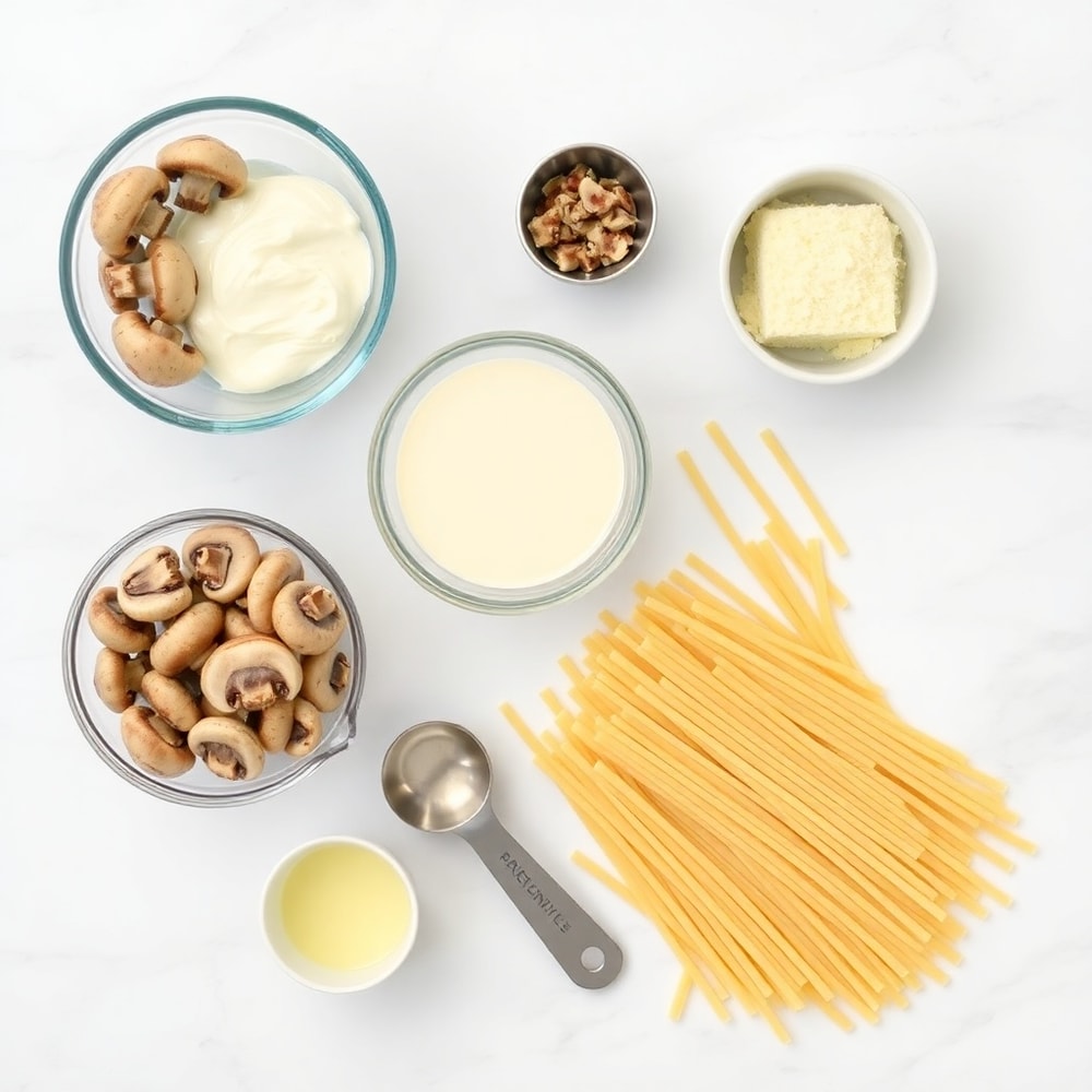 Raw ingredients for Creamy Mushroom Alfredo Pasta in an overhead flat lay, including mushrooms, garlic, heavy cream, and parmesan cheese.