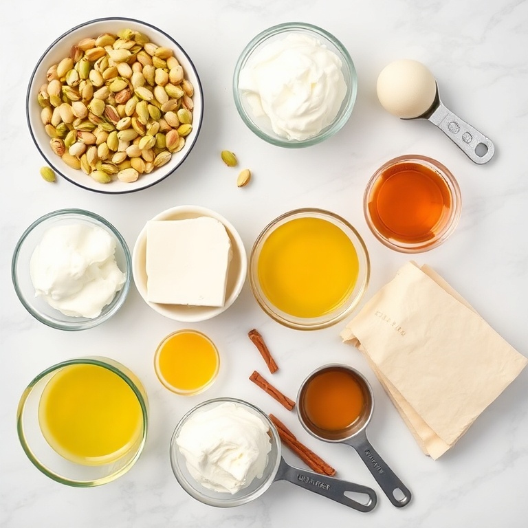 Raw Ingredients for Creamy Pistachio Baklava Cheesecake