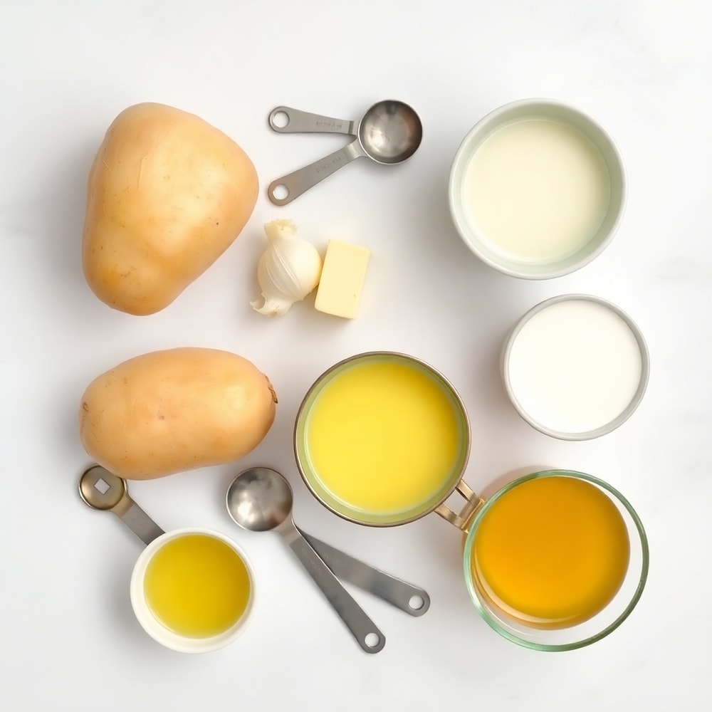Raw ingredients for Creamy Potato Soup: potatoes, onion, garlic, butter, milk, chicken broth
