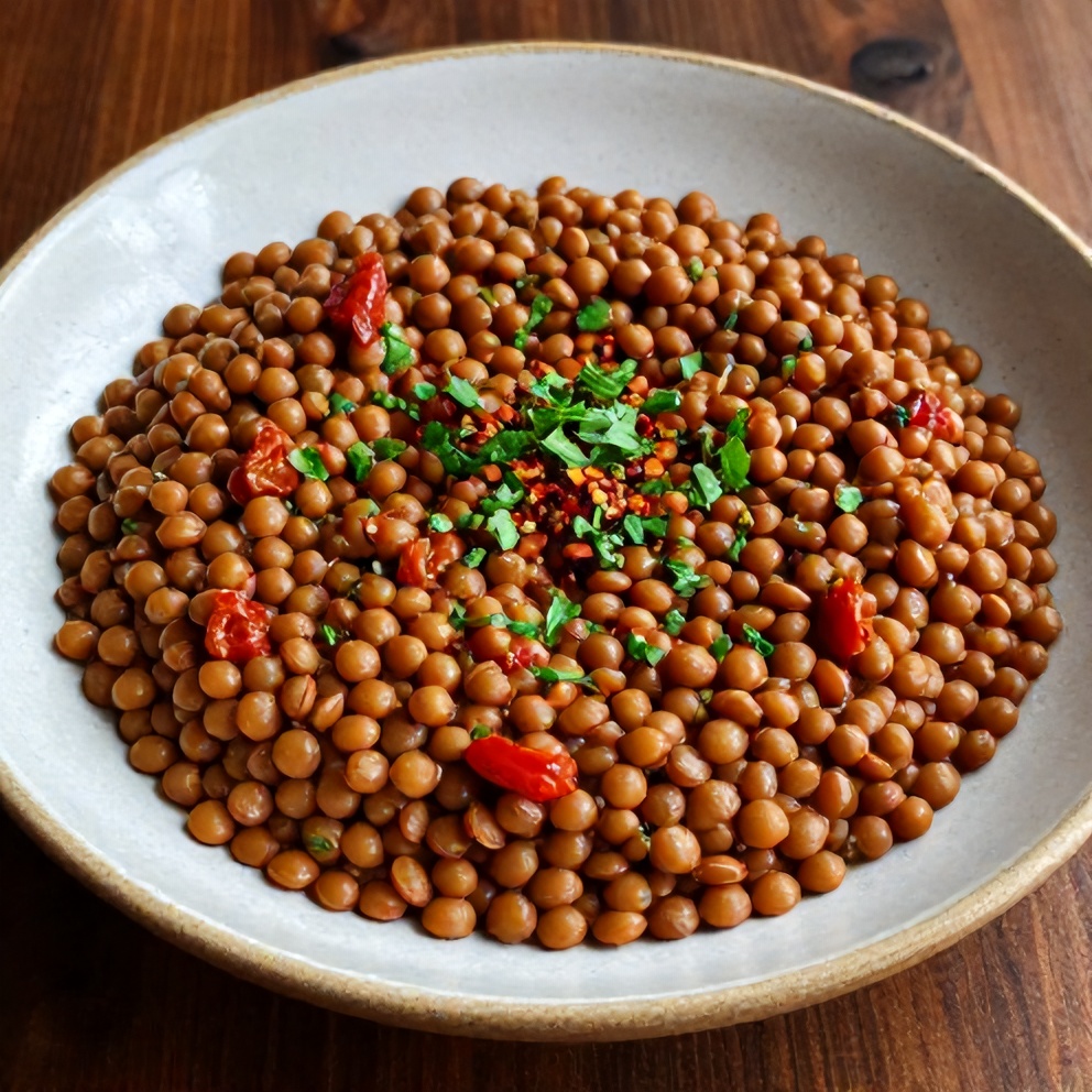 Creamy Sundried Tomato Lentils plated with a sprinkle of fresh parsley
