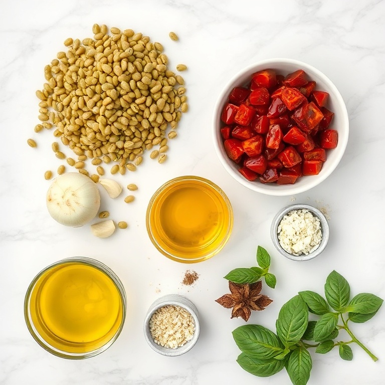 Raw ingredients for Creamy Sundried Tomato Lentils arranged on a wooden surface