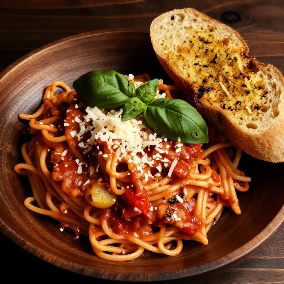 Plated serving of creamy tomato pasta with garlic bread
