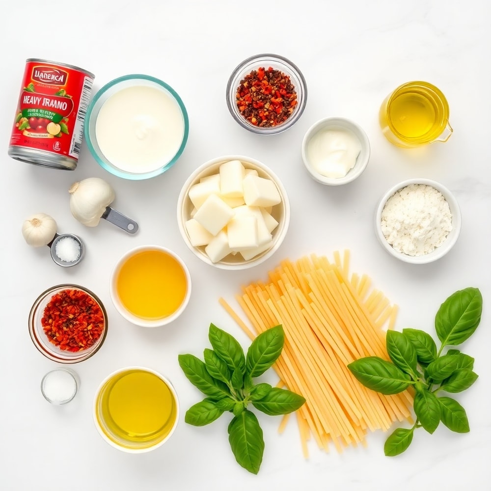 Raw ingredients for creamy tomato pasta arranged in a flat lay