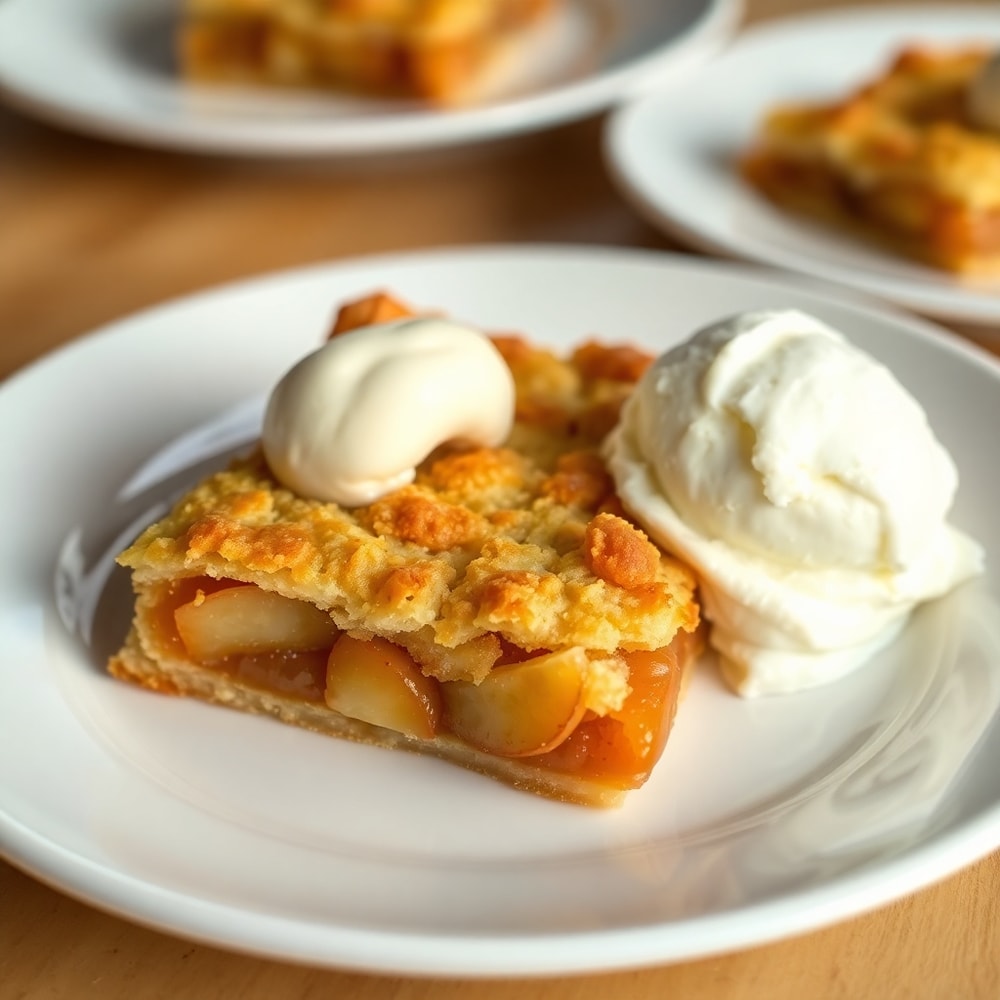 Perfectly sliced Crispy Apple Pie Bars on a plate with a scoop of vanilla ice cream