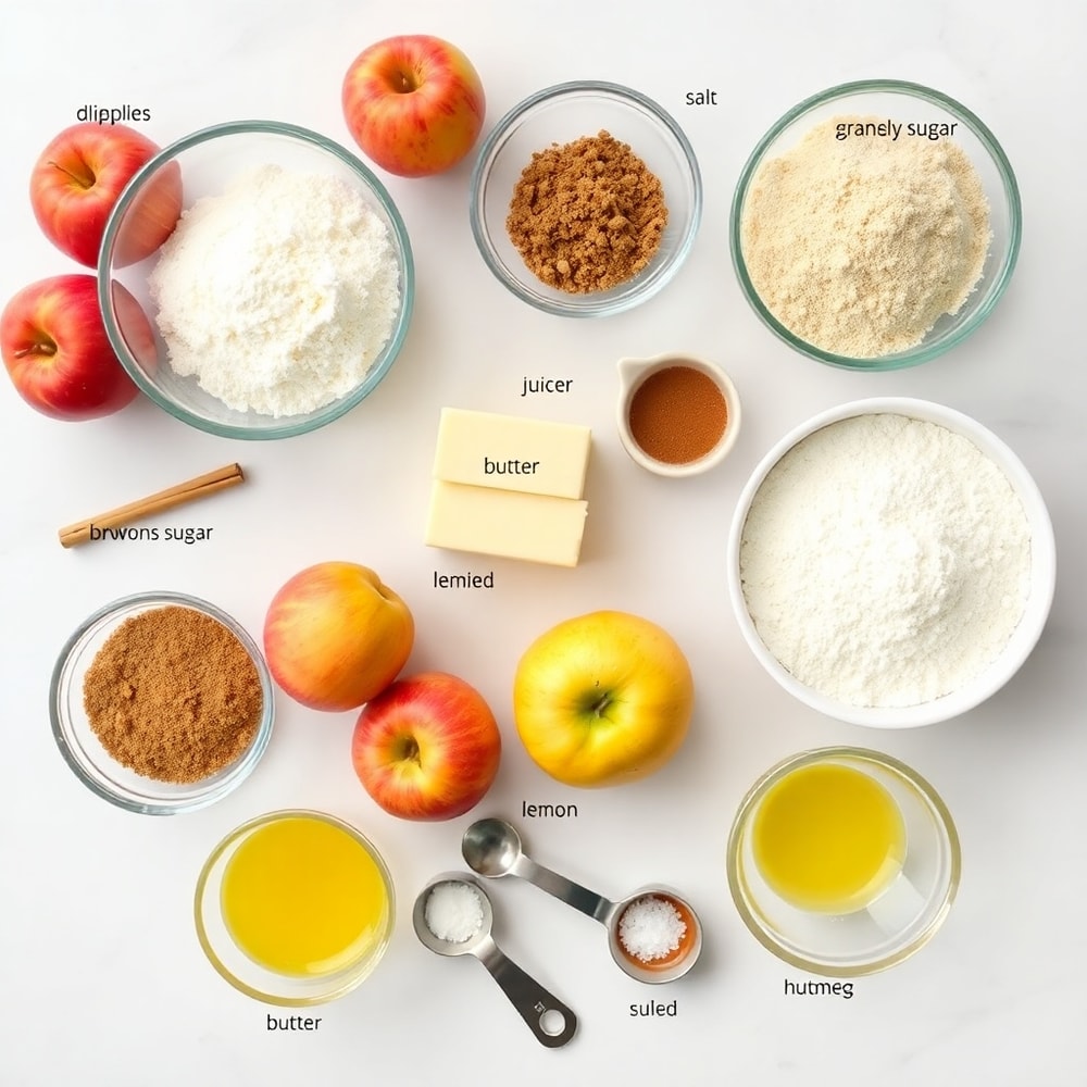 Raw ingredients for Crispy Apple Pie Bars including apples, flour, sugar, and cinnamon