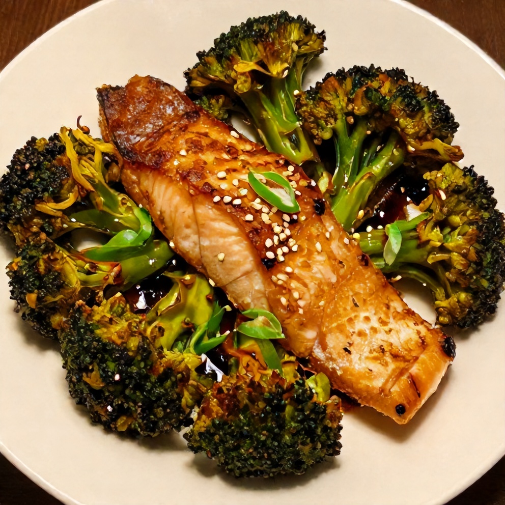 Finished Crispy Asian Salmon and Broccoli Sheet Pan Dinner