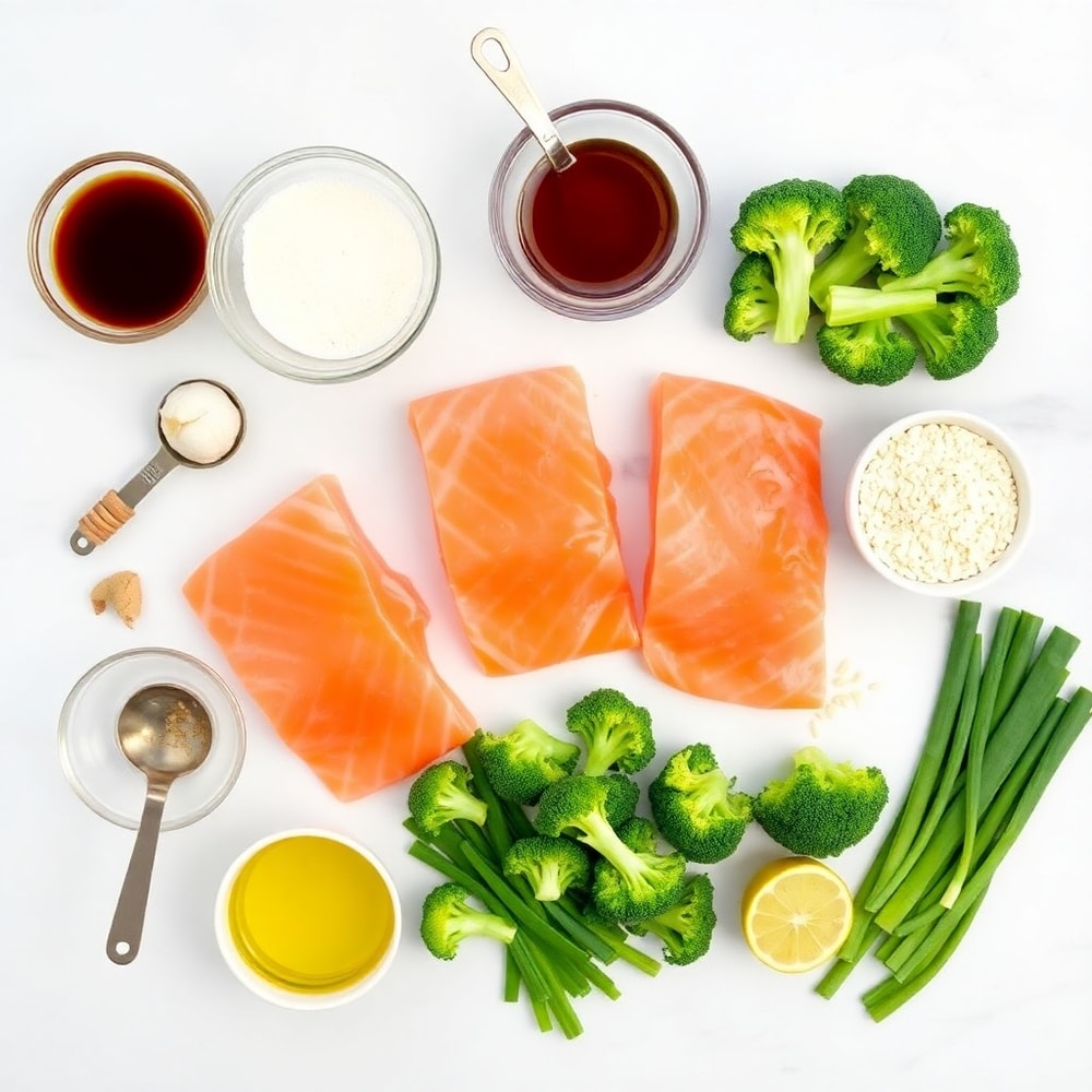 Raw ingredients for Crispy Asian Salmon and Broccoli Sheet Pan Dinner