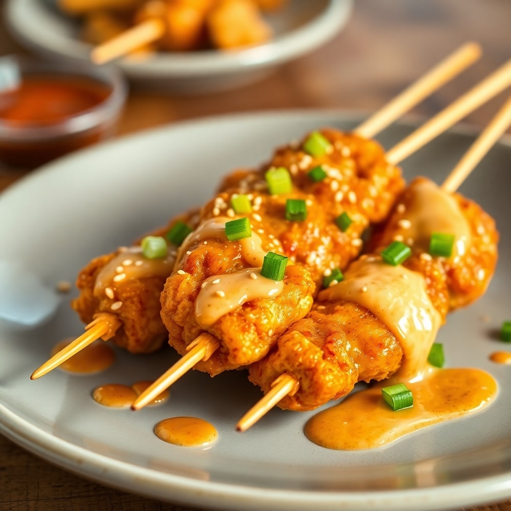 Plated Bang Bang Chicken Skewers with green onions and sesame seeds