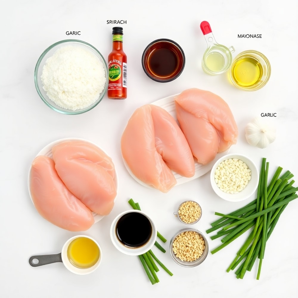 Raw ingredients for Bang Bang Chicken Skewers on a marble surface