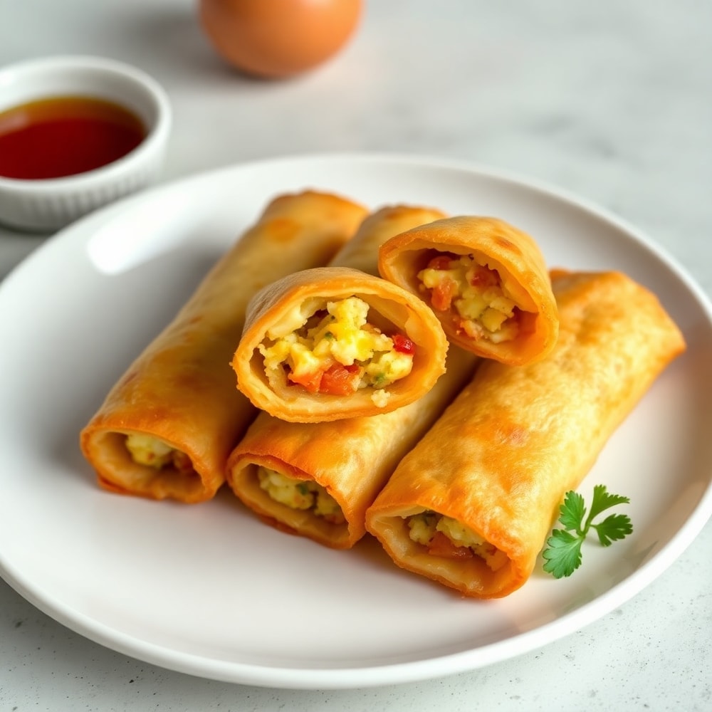 Plated Breakfast Egg Rolls with a side of syrup