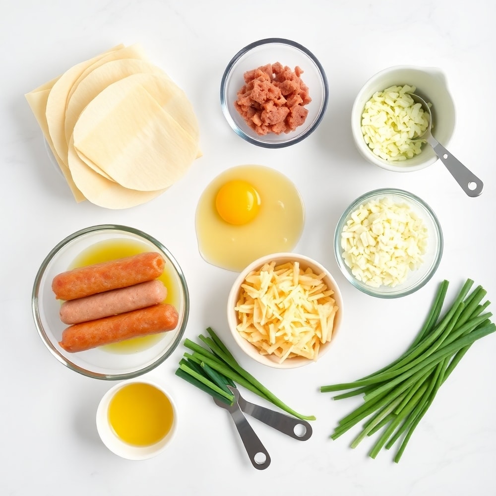 Breakfast Egg Roll ingredients on a marble counter
