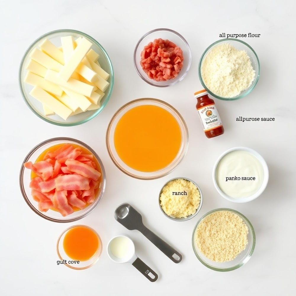 Raw ingredients for Buffalo Chicken Bacon Mozzarella Bombs on a marble surface