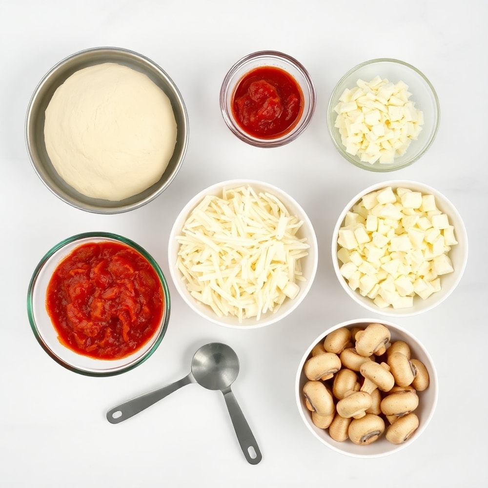 Raw ingredients for Crispy Cast Iron Skillet Pizza arranged in a flat lay