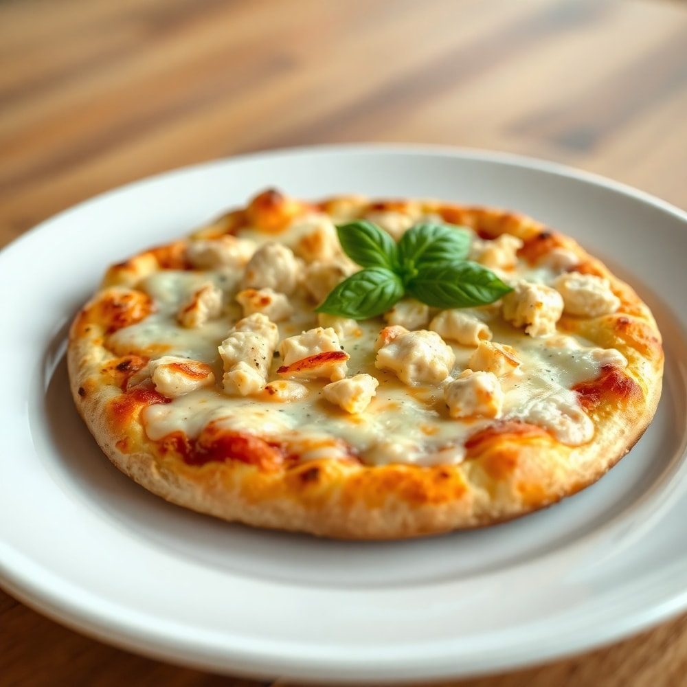 Chicken Caesar Salad Pizza on a white plate