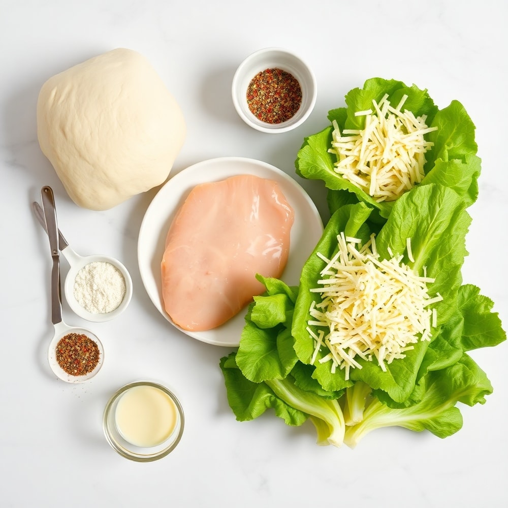 Raw ingredients for Chicken Caesar Salad Pizza on a marble counter