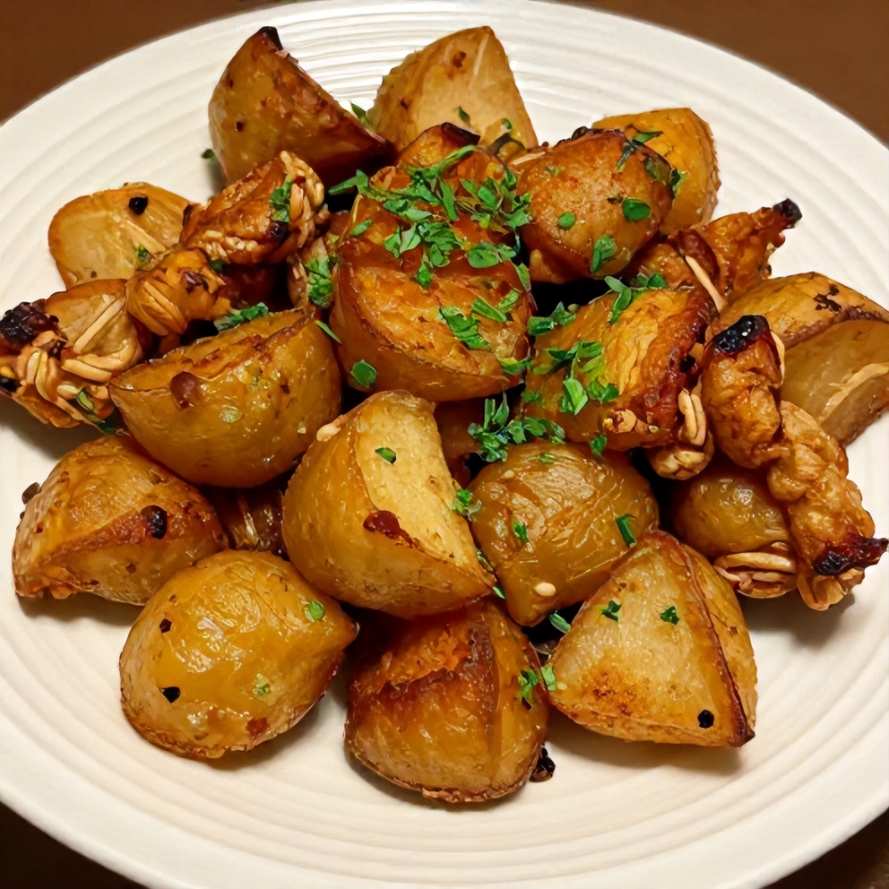 Plated crispy chicken sausage and potatoes with fresh parsley