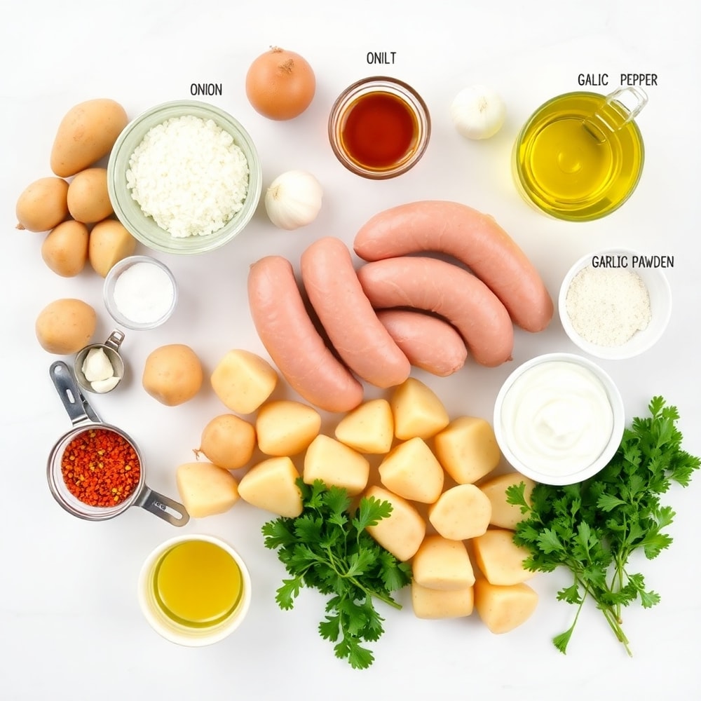 Raw ingredients for crispy chicken sausage and potatoes