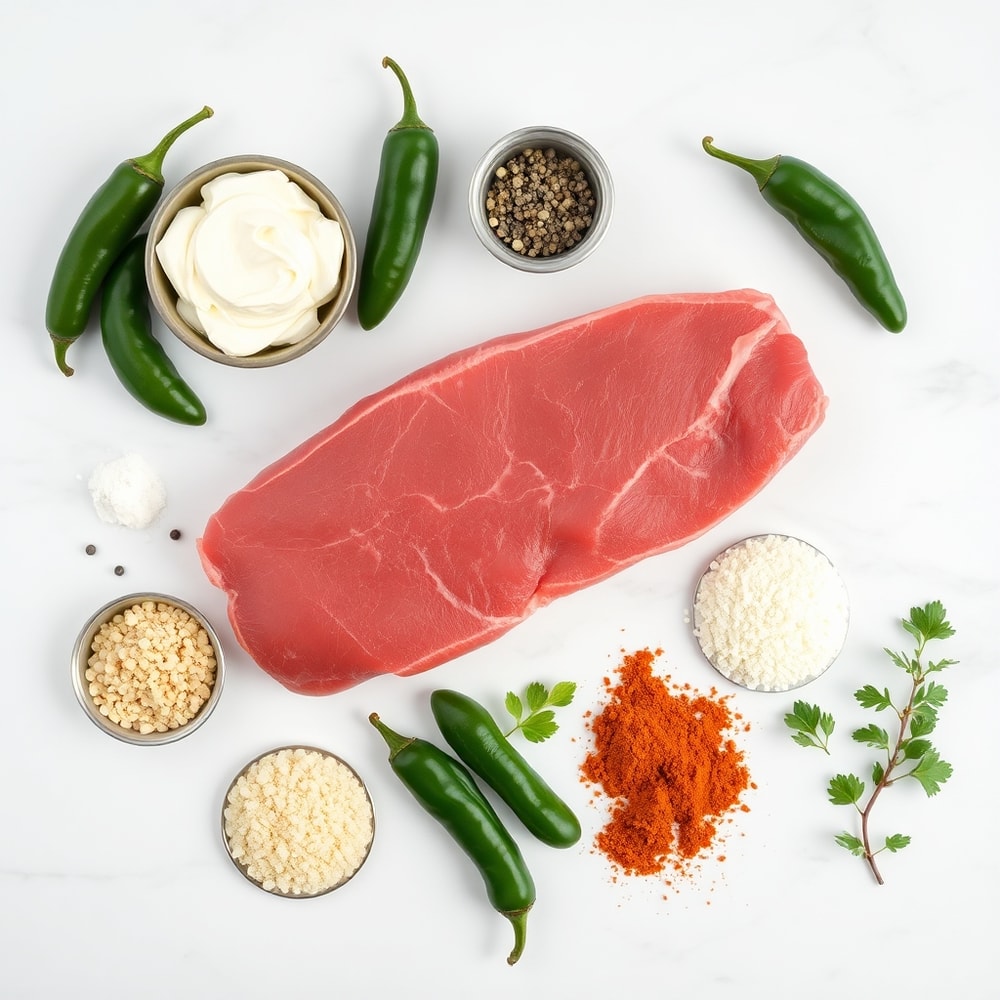 Raw deer tenderloin, jalapeños, cream cheese, and breadcrumbs on a marble surface