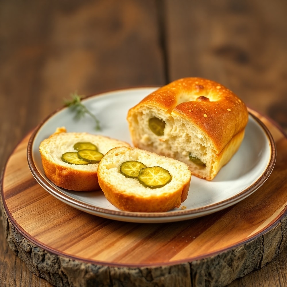 Slice of Dill Pickle Bread on a rustic plate