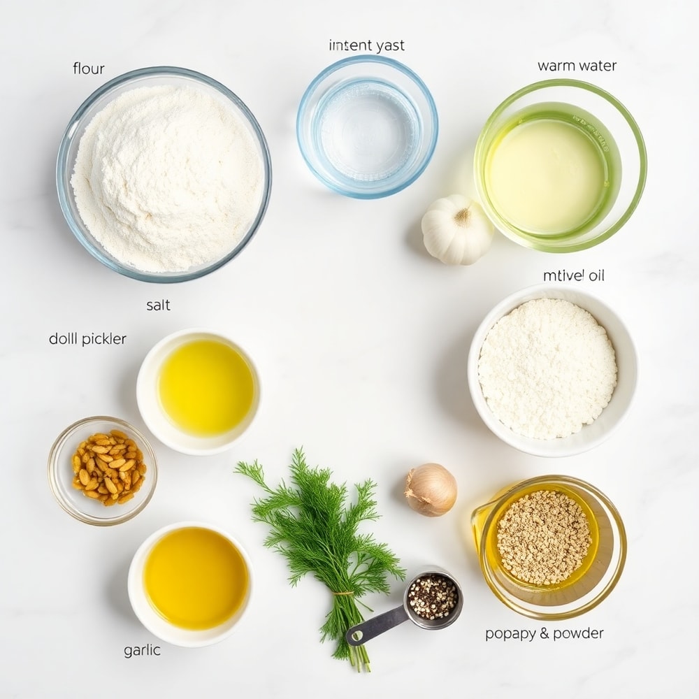 Raw ingredients for Dill Pickle Bread on a marble surface