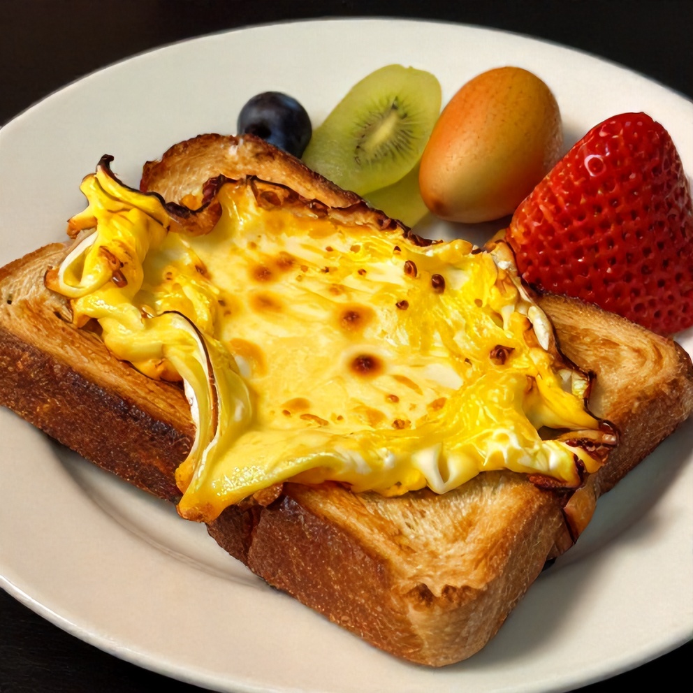 Plated crispy egg cheese toasts with a side of fresh fruit