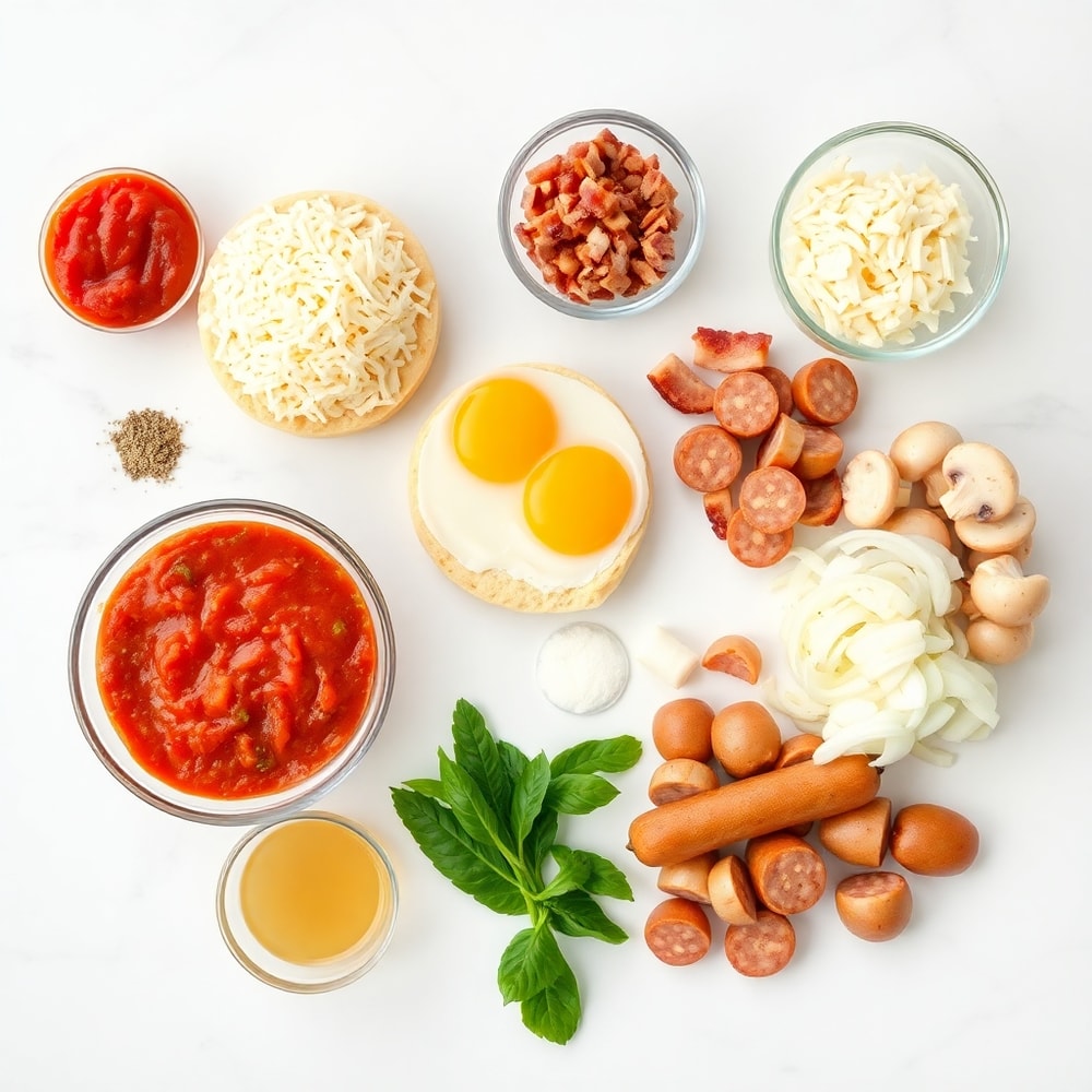 Raw ingredients for English Muffin Breakfast Pizza on a marble surface