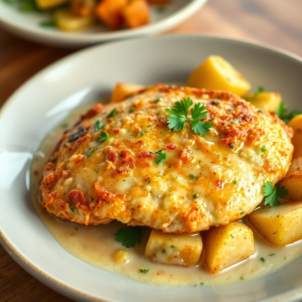 Plated Garlic Parmesan Chicken and Potatoes with parsley garnish