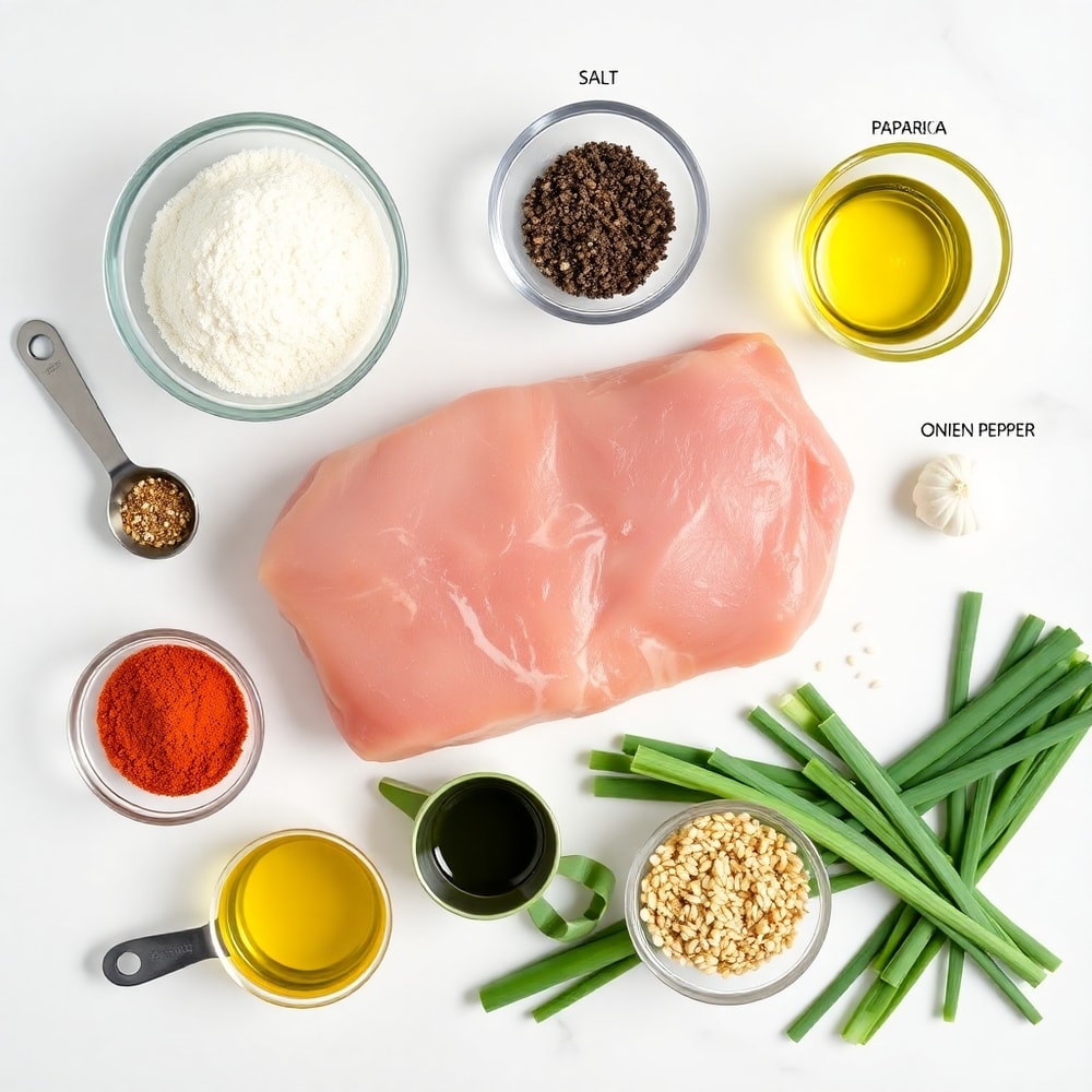 Raw ingredients for Crispy Garlic Pork Bites on a white marble surface