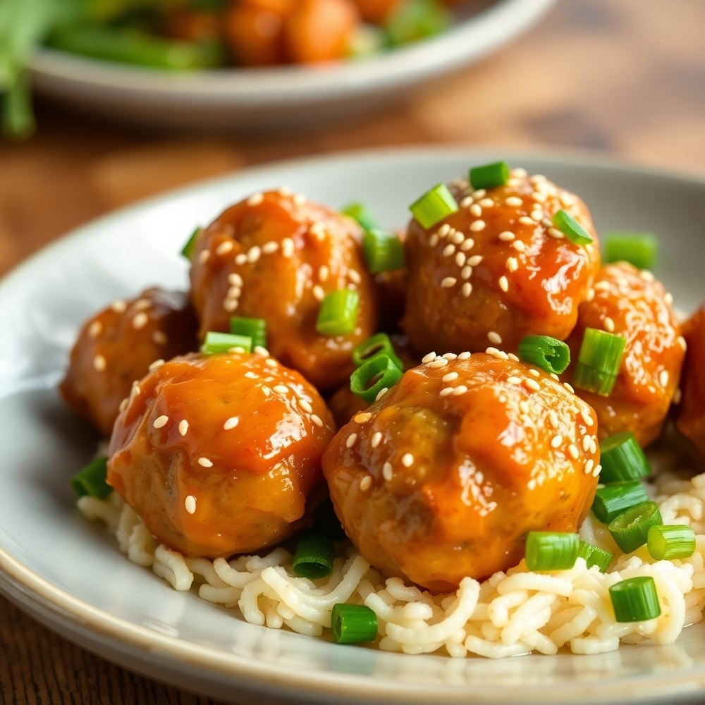 Plated General Tso chicken meatballs with green onions and sesame seeds