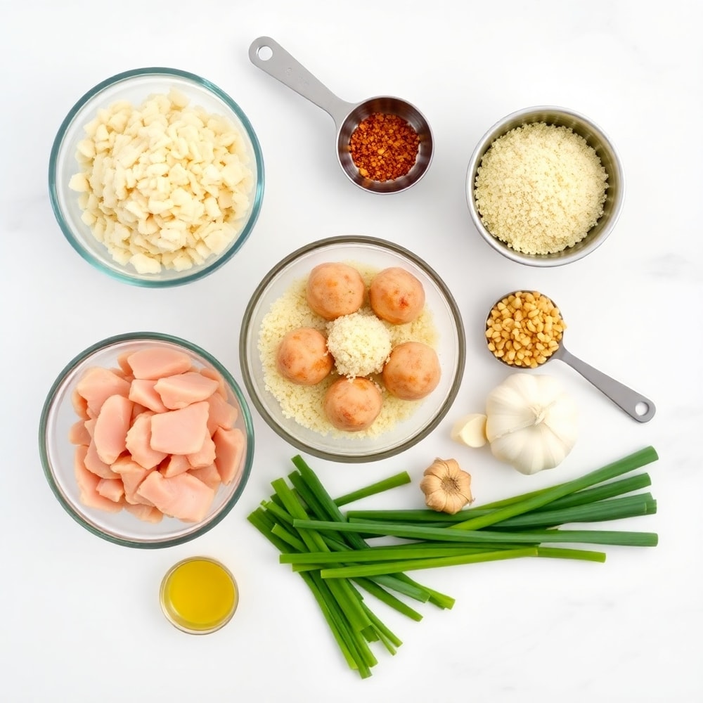 Raw ingredients for General Tso chicken meatballs arranged in a flat lay