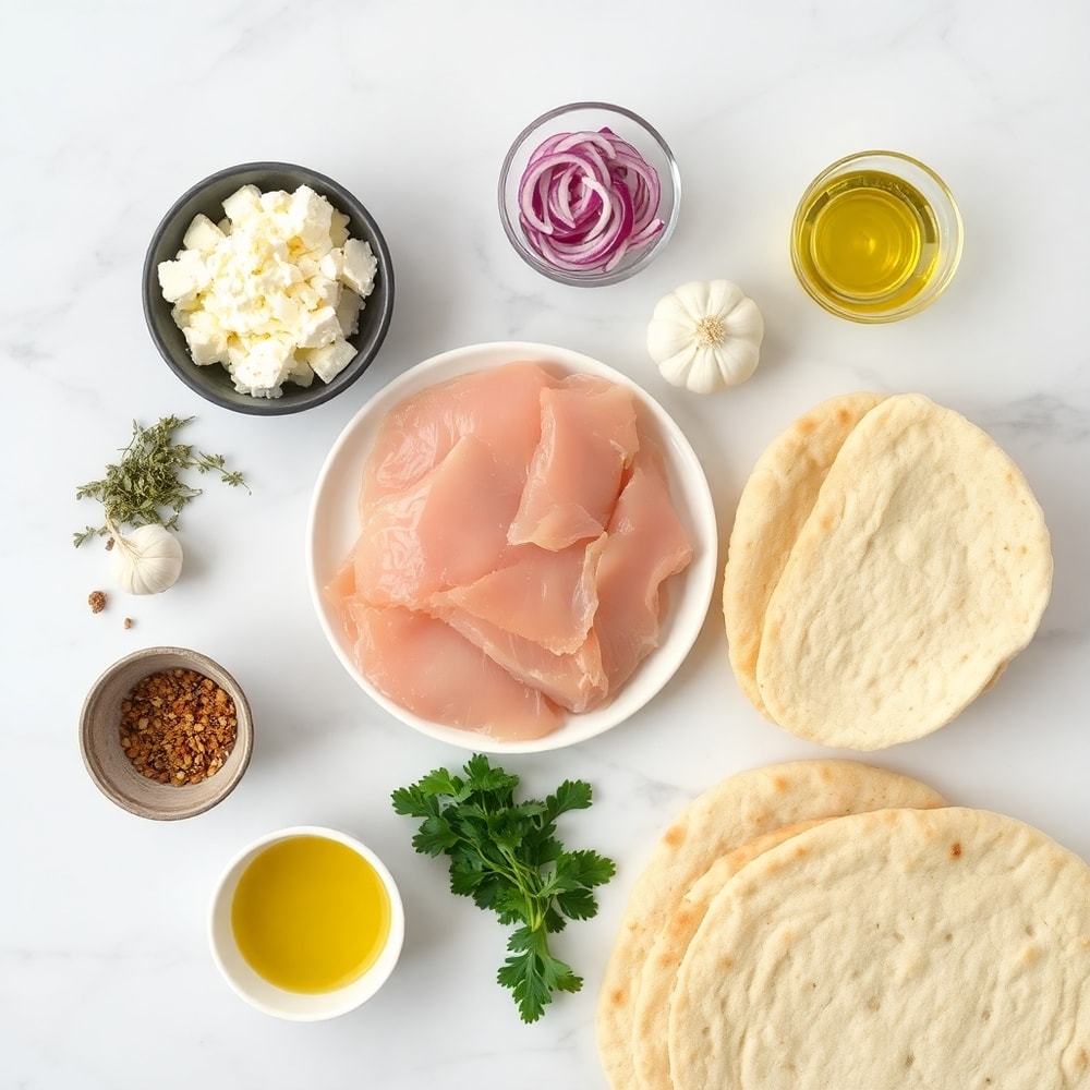 Greek Chicken Flatbread ingredients on a marble surface