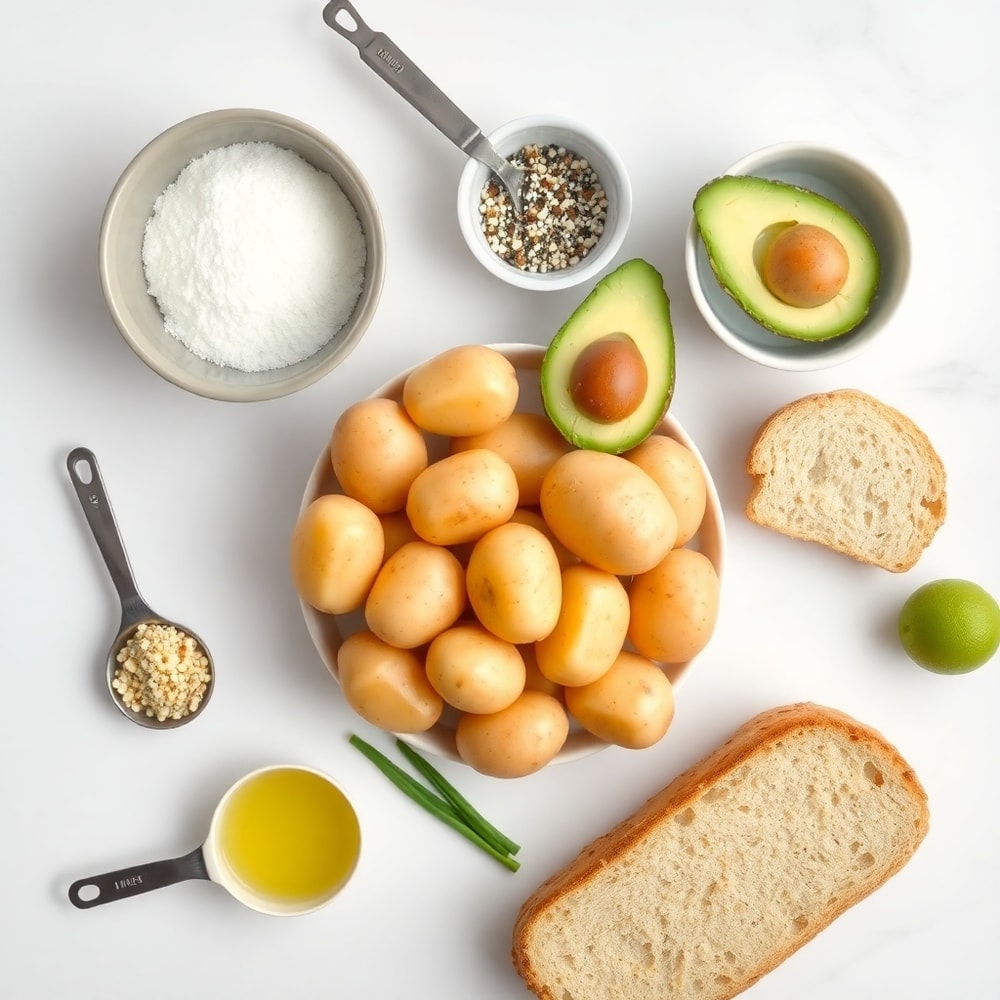 Raw ingredients for Hash Brown Avocado Toast on a marble surface