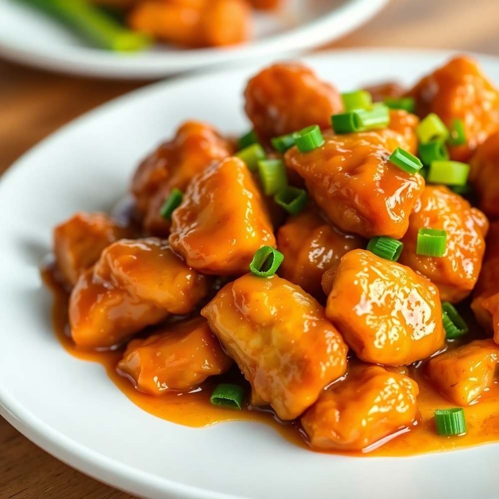 Plated Crispy Honey Garlic Chicken with green onions