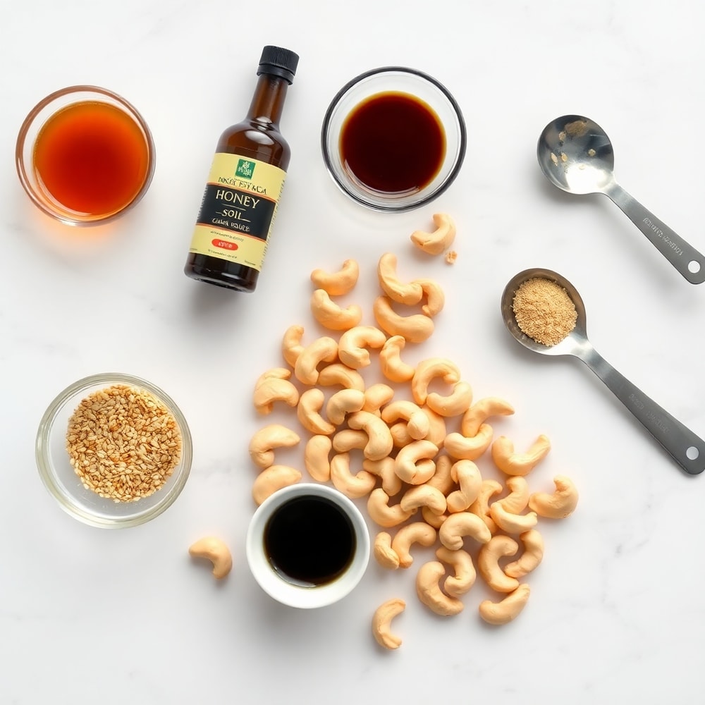 Raw ingredients for Honey Sesame Cashews on a white marble surface