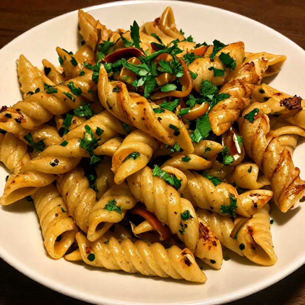 Plated serving of crispy jalapeño popper pasta salad with fresh parsley