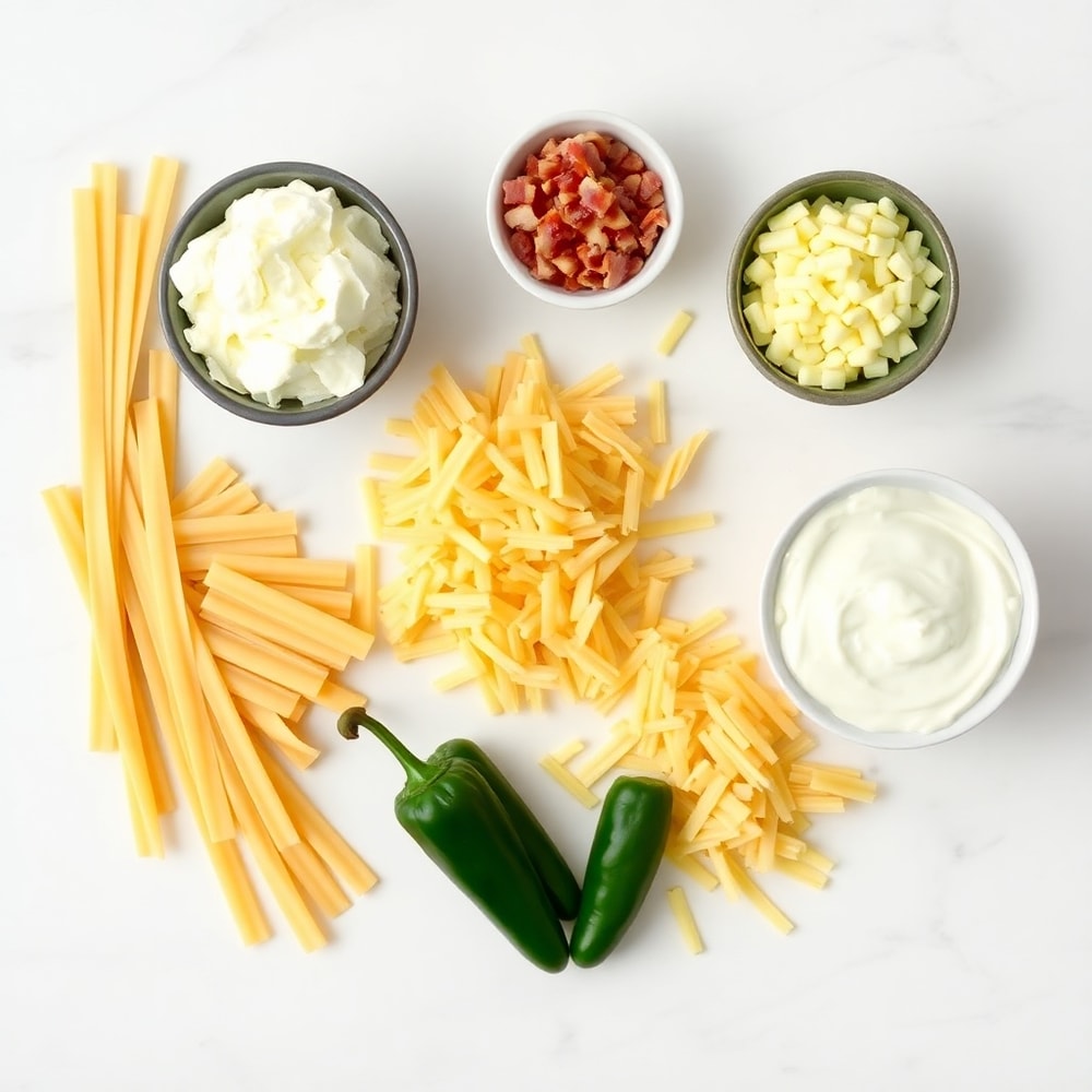Raw ingredients for jalapeño popper pasta salad: pasta, jalapeños, cheese, bacon, cream cheese, ranch dressing