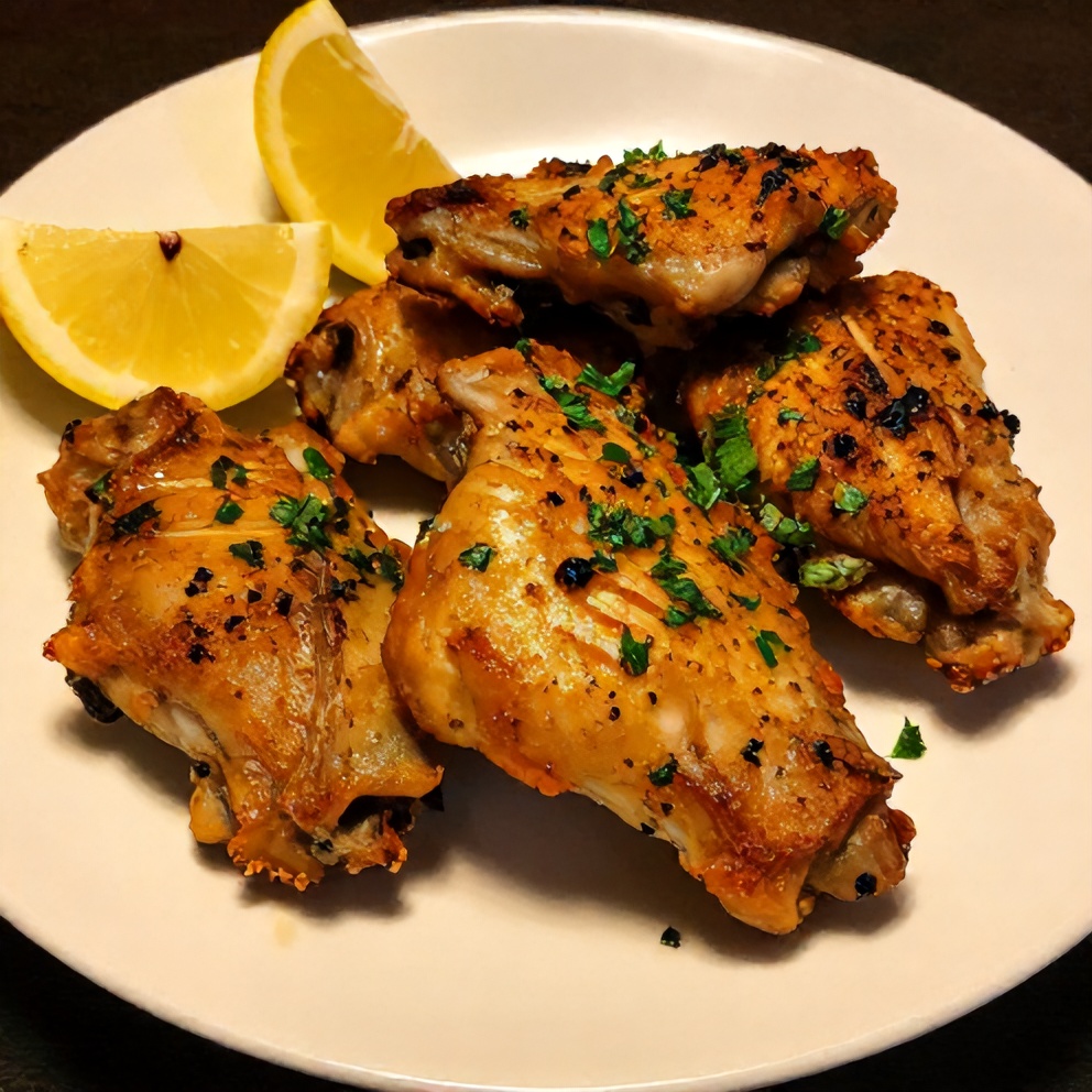 Plated Lemon Garlic Thyme Drumsticks on a white plate