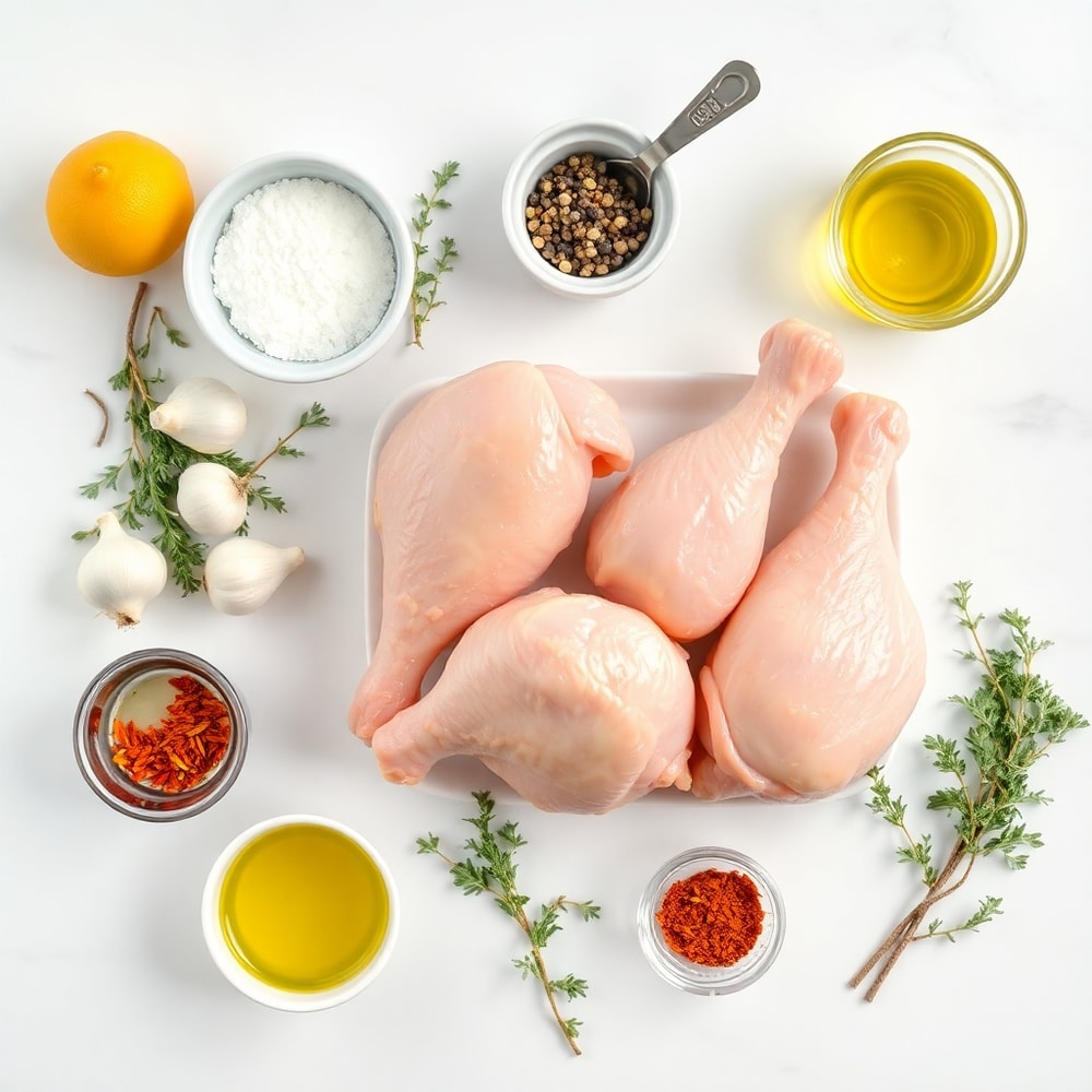 Raw ingredients for Lemon Garlic Thyme Drumsticks on a white marble surface