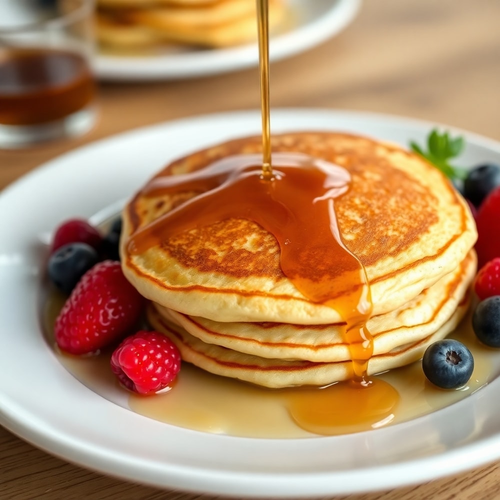 Plated Lion Pancakes with syrup and a side of fresh berries