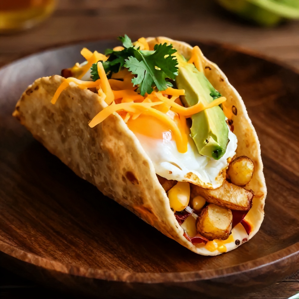 Close-up of a Crispy Potato, Egg & Cheese Breakfast Taco