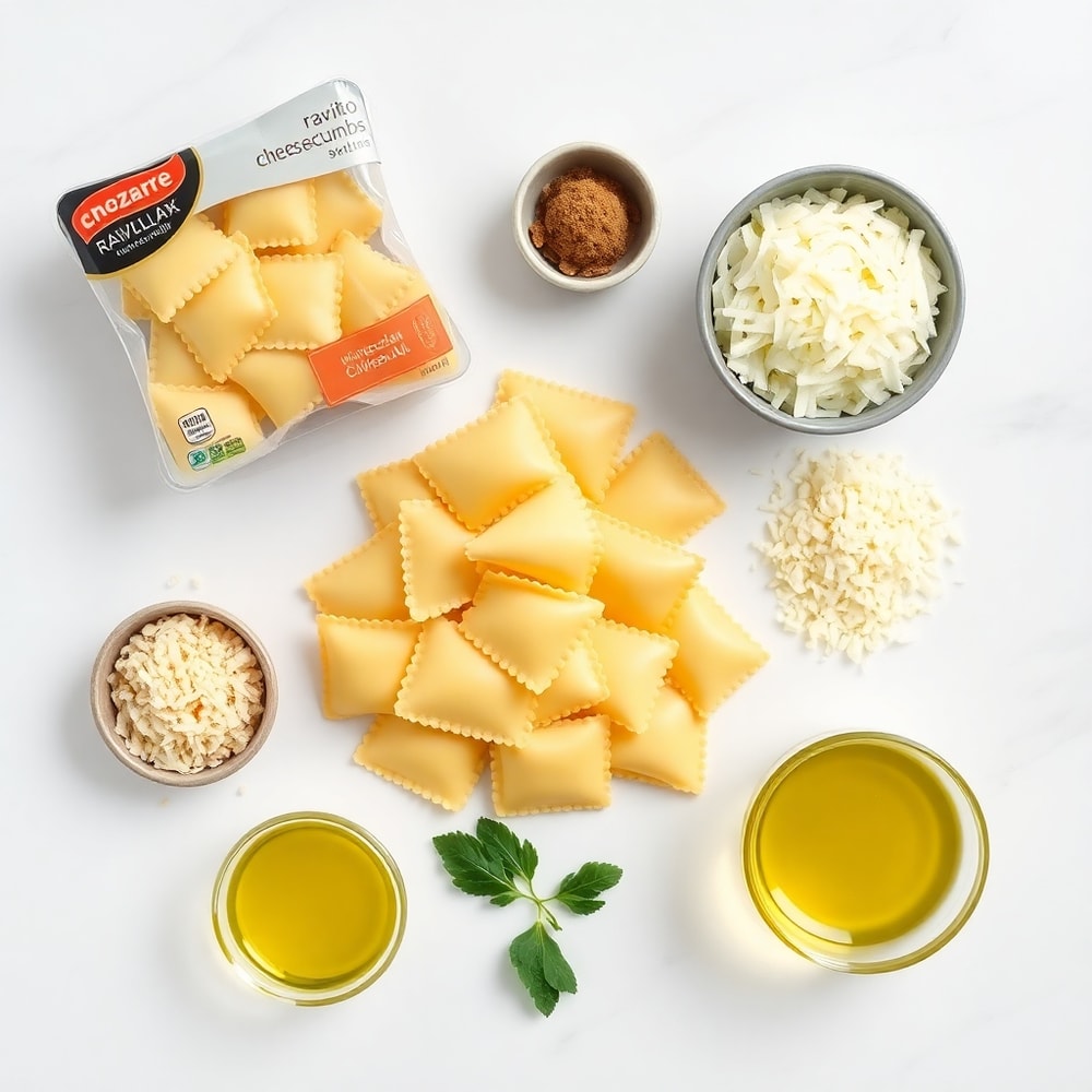 Ravioli, mozzarella, parmesan, garlic, breadcrumbs, and olive oil for Crispy Ravioli Appetizer