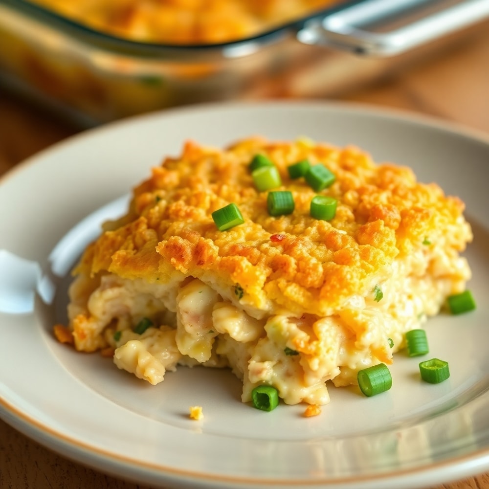 Plated serving of Ritz Cracker Chicken Casserole