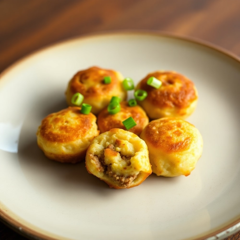 Plated Sausage Pancake Bites with green onions