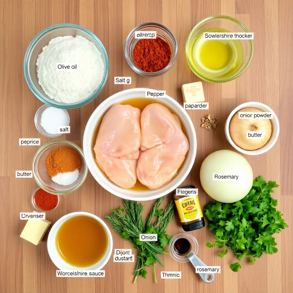 Raw ingredients for Smothered Chicken arranged on a wooden surface