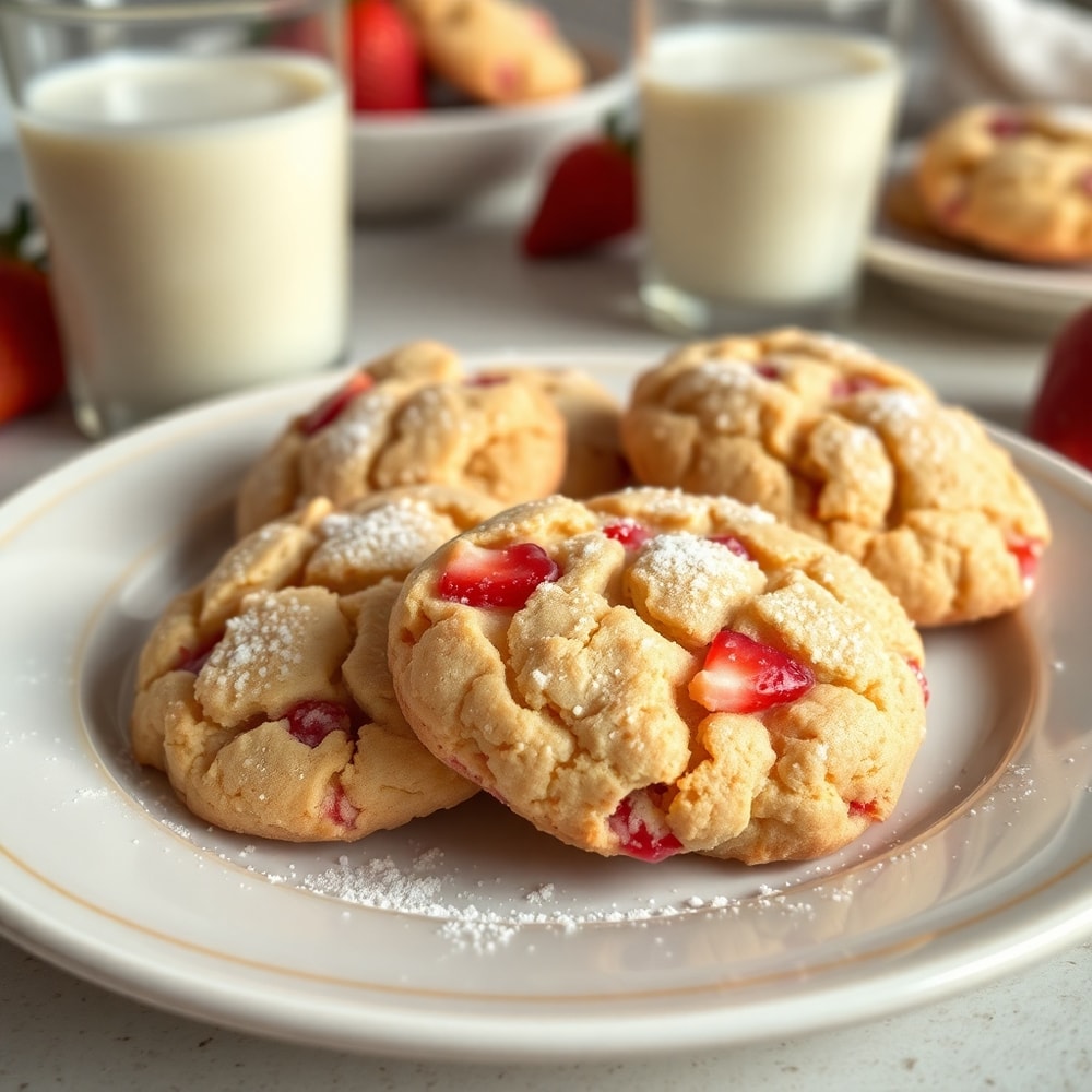 Plate of strawberry crunch cookies with a glass of milk