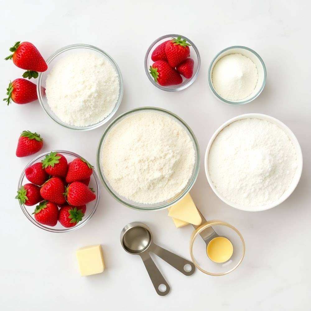 Raw ingredients for strawberry crunch cookies including strawberries, flour, sugar, and butter