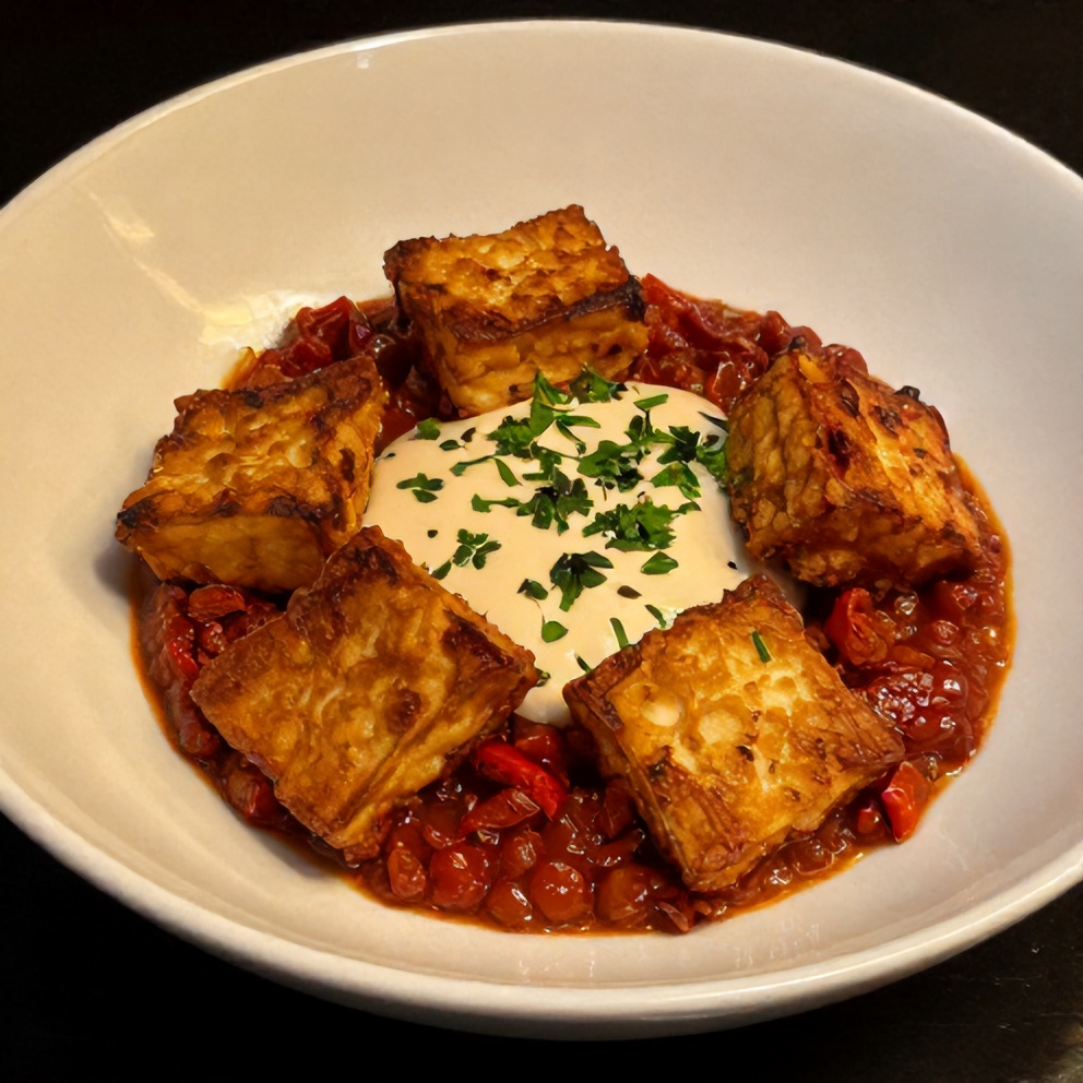 Plated crispy tofu in creamy sun-dried tomato sauce